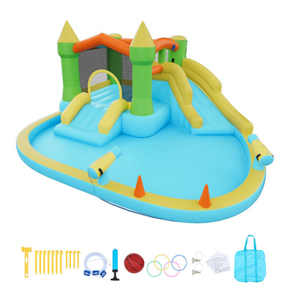 Inflatable Bounce House, 3.82 x 3.98 x 1.97 m Inflatable Bounce House Water Slide, Bouncer Castle with Castle Bounces, Basketball Hoop, Splash Pool & Water Ring Toss, for 3 to 4 Kids Ages 3 to 8