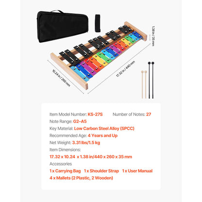 Glockenspiel Xylophone, 27 Notes, Professional Xylophone Percussion Instrument, with Colorful Metal Keys, Includes 4 Mallets, Carrying Bag, Beginner Musical Instrument Kit for Adults and Kids