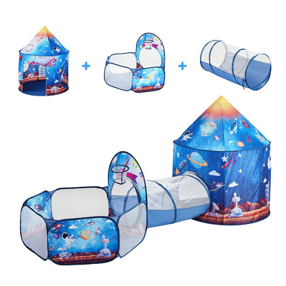 3 in 1 Kids Play Tent with Tunnel for Boys, Girls, Babies and Toddlers, Indoor/Outdoor Pop Up Playhouse with Carrying Bag & Banding Straps Birthday Gifts, Royal Blue Color Rocket Theme
