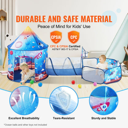 3 in 1 Kids Play Tent with Tunnel for Boys, Girls, Babies and Toddlers, Indoor/Outdoor Pop Up Playhouse with Carrying Bag & Banding Straps Birthday Gifts, Royal Blue Color Rocket Theme