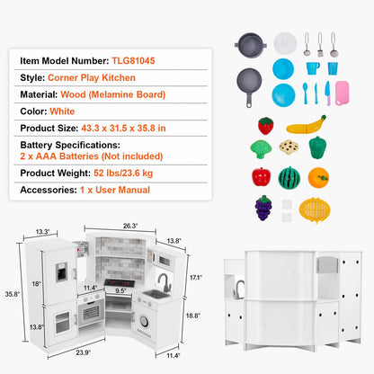 Kitchen Playset Kids Pretend Cooking Play Toy 24 Piece Accessories White