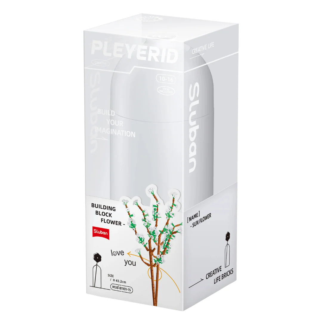 Building block flower set box with DIY vase, green-and-white flowering tree design