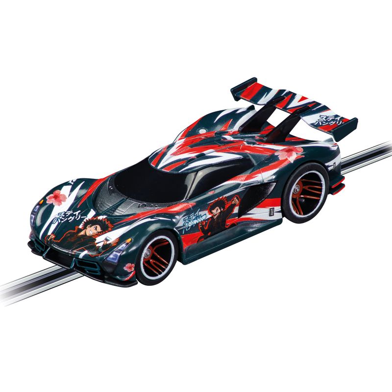 A remote control race car with a black, red, and white livery featuring anime character graphics, shown on a track against a white background.