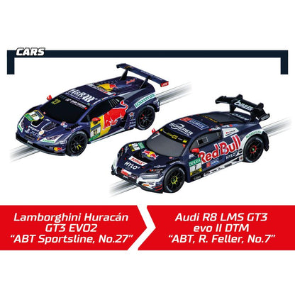 Two slot car models representing race cars, shown on a white background with track graphics and Spanish text labels identifying them as Lamborghini Huracán GT3 EVO2 'ABT Sportsline, No.27' and Audi R8 LMS GT3 evo II DTM 'ABT, R.