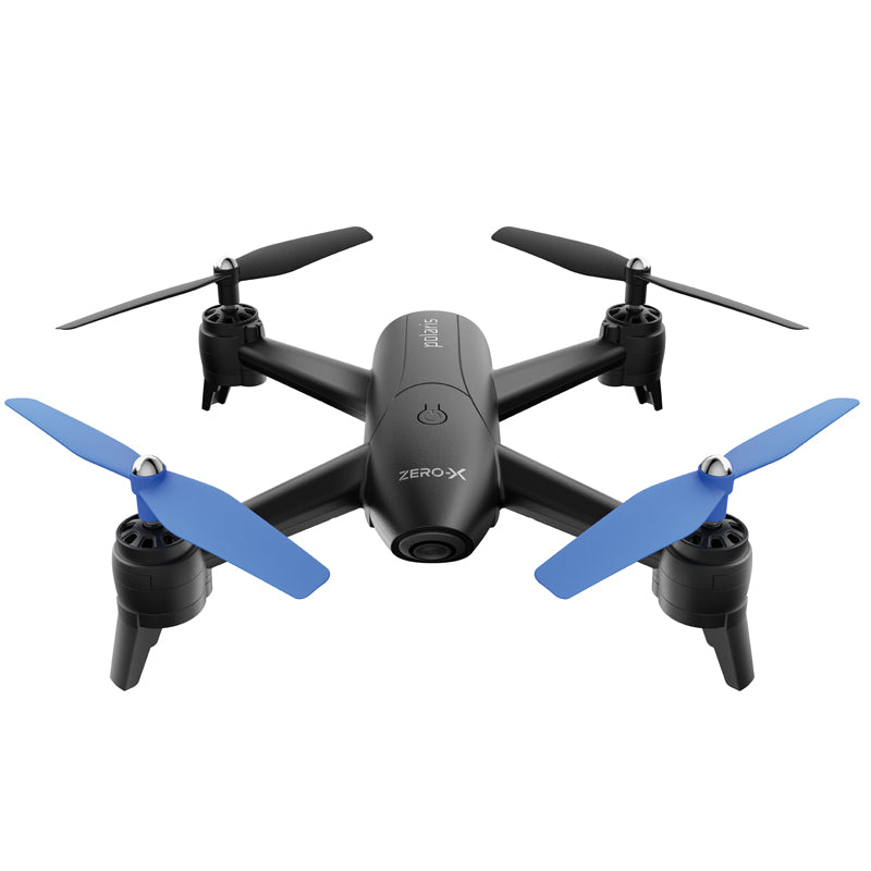 Black and blue fixed quadcopter drone with four propellers and front camera module