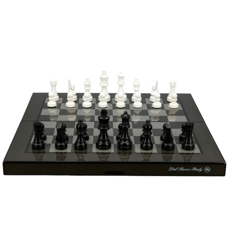 Dal Rossi Italy Carbon Fibre Finish Folding Chess Set 16″