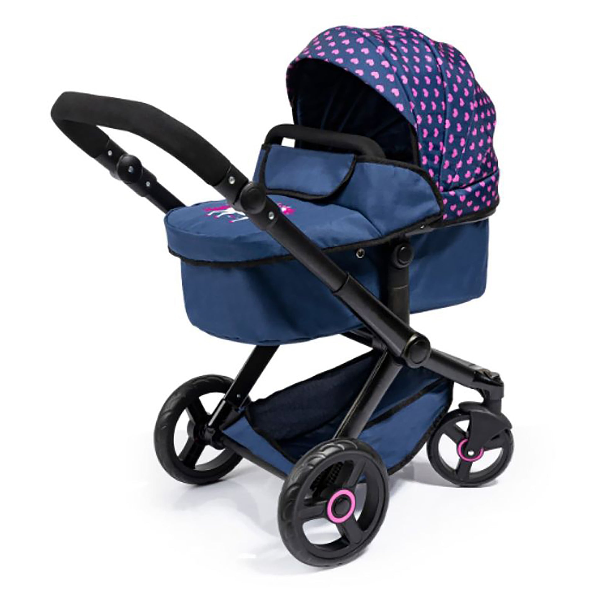 Bayer Xeo Compact Doll Pram, Dark Blue with Pink Heart Print