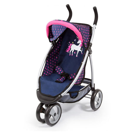 Bayer Jogger Doll Pram, Dark Blue with Pink Hearts and Unicorn