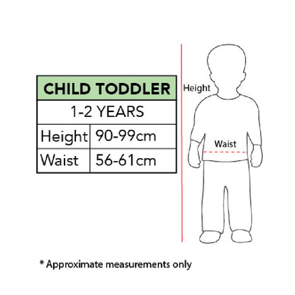 Toddler costume size chart for ages 1–2 years, waist 56–61 cm, height 90–99 cm