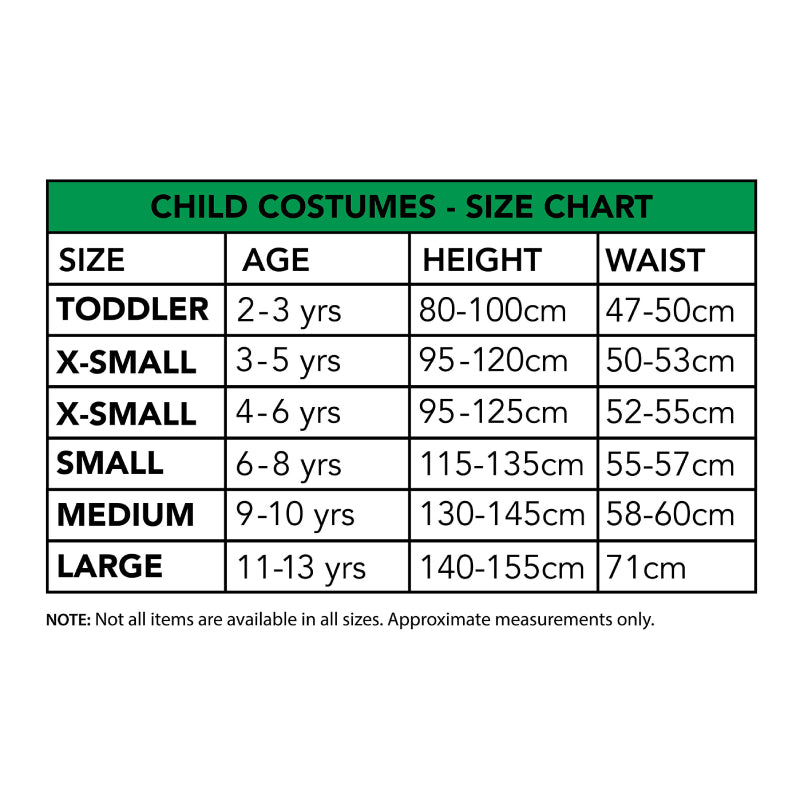 Child costumes size chart with sizes, ages, heights, and waist measurements
