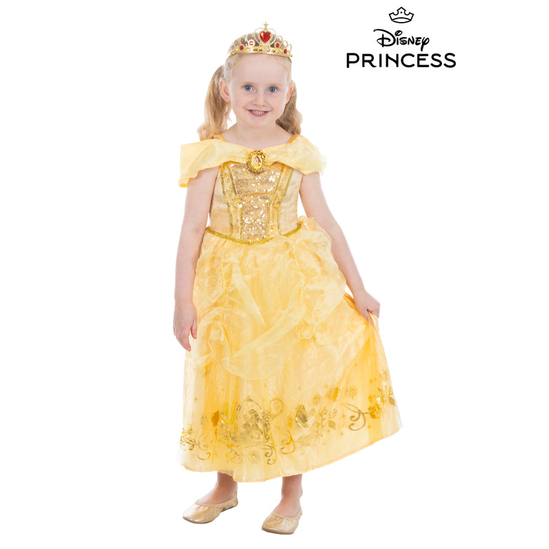 Girls’ yellow princess costume dress with gold bodice, ruffled sleeves, and jeweled tiara