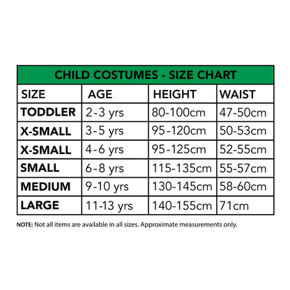Bluey toddler costume size chart with age, height, and waist measurements