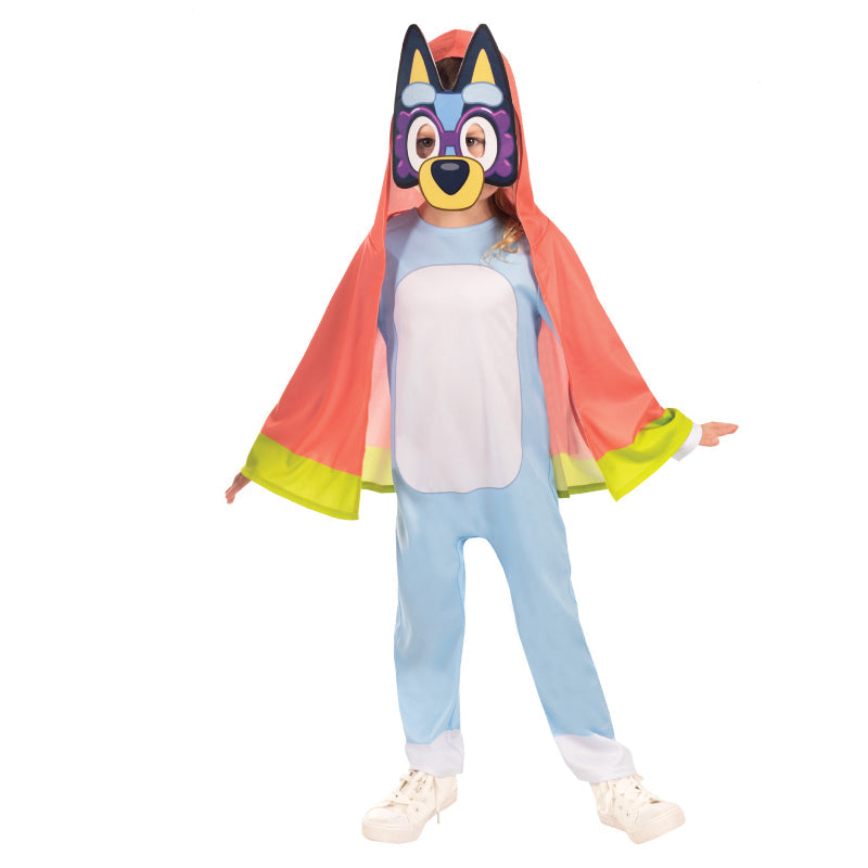 Bluey Granny Janet costume: hooded jumpsuit with colorful cape and character face mask