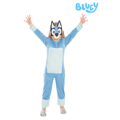 Light-blue character onesie costume with hood featuring Bluey face