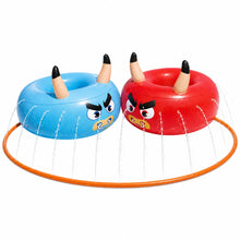Pair of inflatable bull arena rings, blue and red, with horn tops and orange base