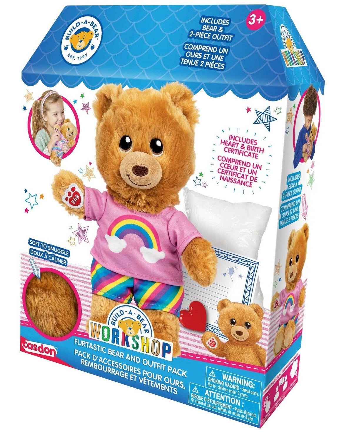 Furtastic brown bear plush in pink rainbow shirt and striped pants, in retail box
