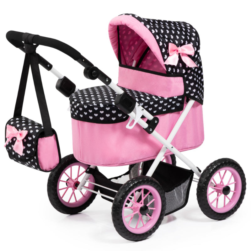 Bayer Trendy Doll Pram Pink with Black Hood & Pink Bow