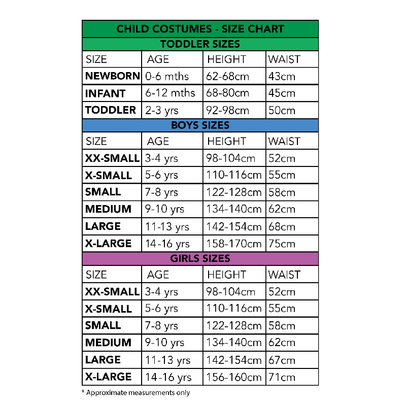 Child costume size chart with toddler, boys and girls measurements