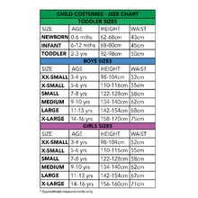 Child costume size chart with toddler, boys and girls measurements