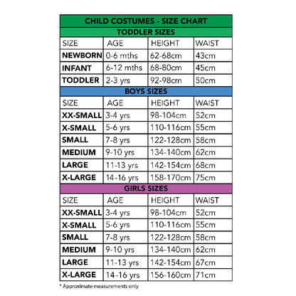 Child costume size chart with toddler, boys and girls measurements