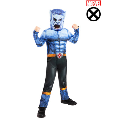 Blue hooded beast-style jumpsuit costume with faux fur face, gloves, and waist belt