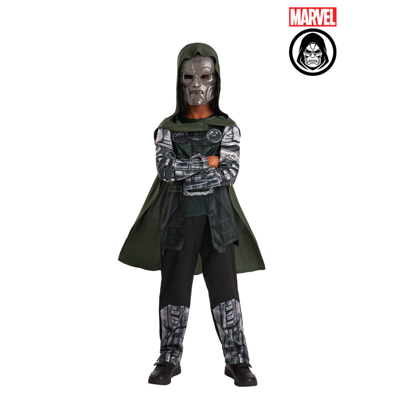 Doomsday-style classic costume with hooded cloak, face mask, armored top and pants