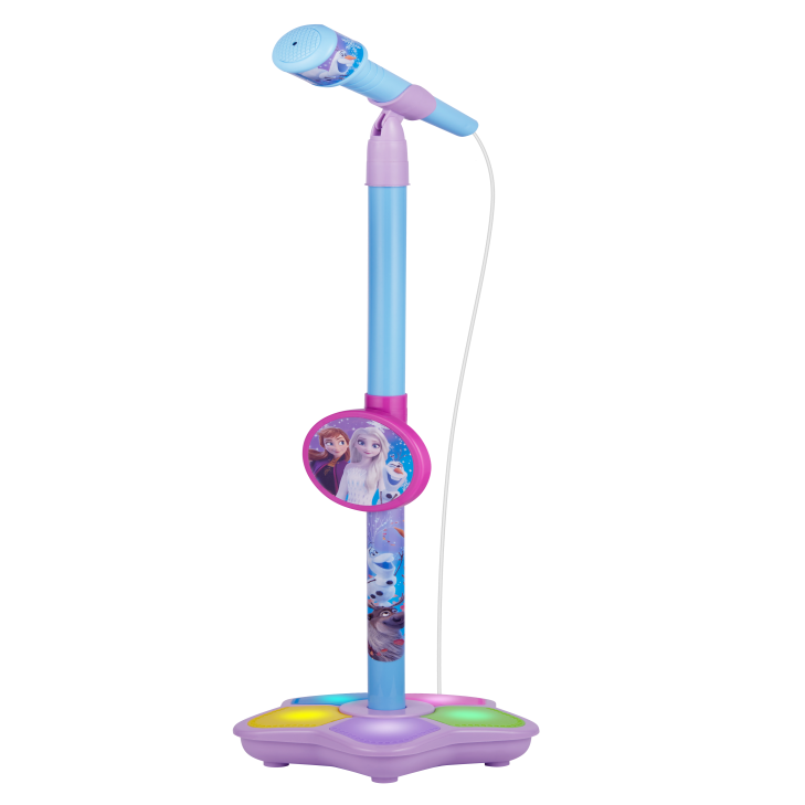 Disney Frozen sing-a-long microphone on purple stand with round hanging speaker