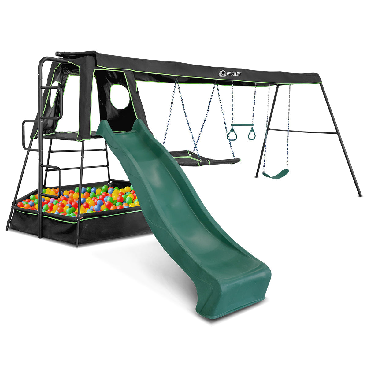 Lifespan Kids Pallas Play Tower with Metal Swing Set in Green Slide