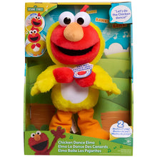 Elmo-inspired chicken plush toy with red face, yellow body, orange legs