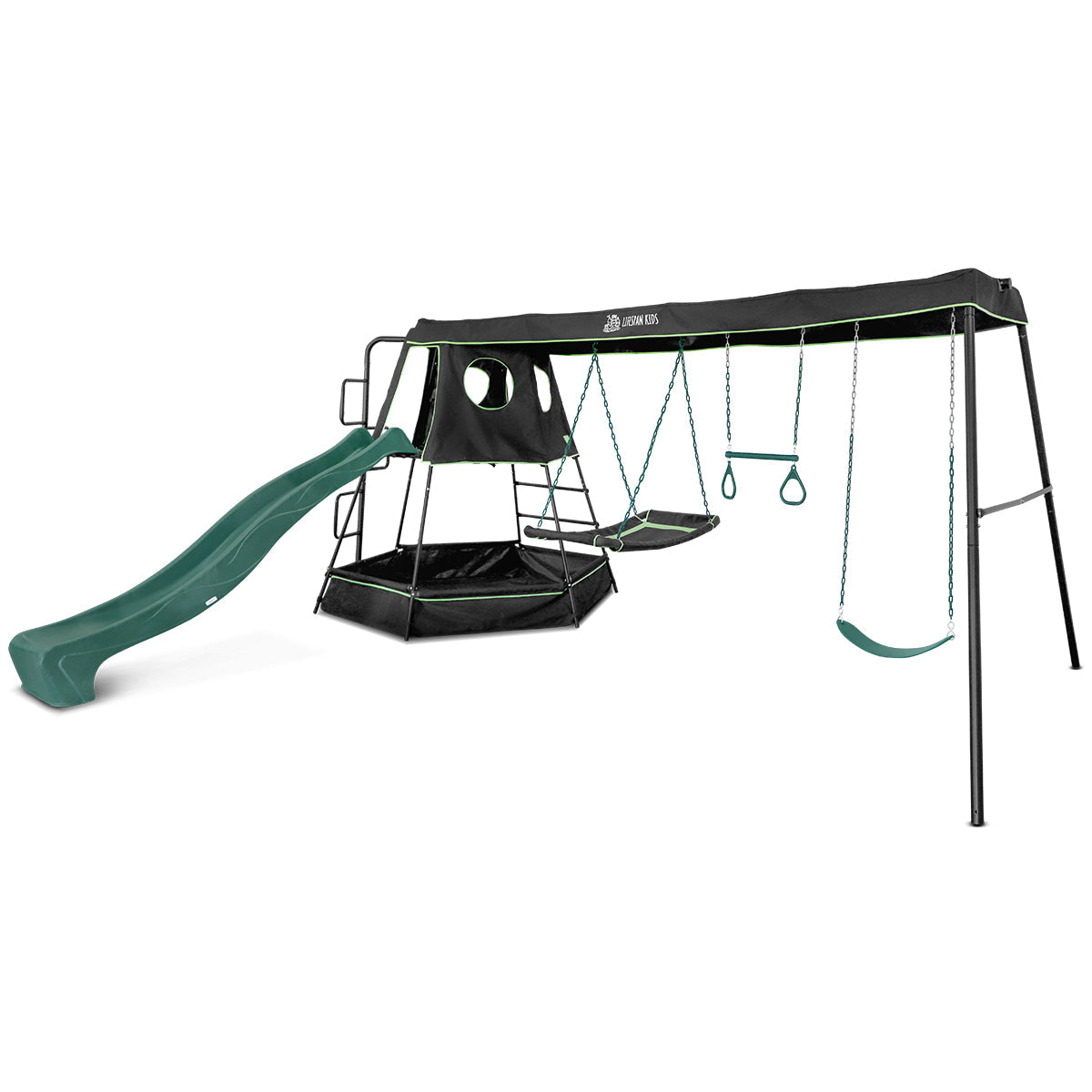 Lifespan Kids Pallas Play Tower with Metal Swing Set in Green Slide