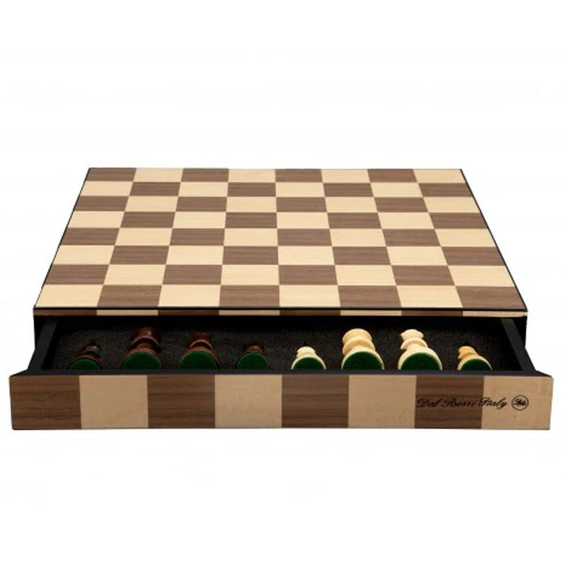 Dal Rossi Chess Wooden Inlaid box with drawer and chess pieces 14″