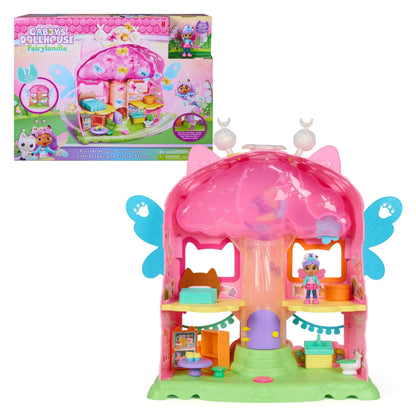 Fairy dollhouse playset with pink dome roof and flower-themed windows, includes figure