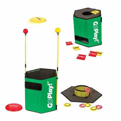 Green cube launcher with yellow poles and circular ring targets and scoring cards