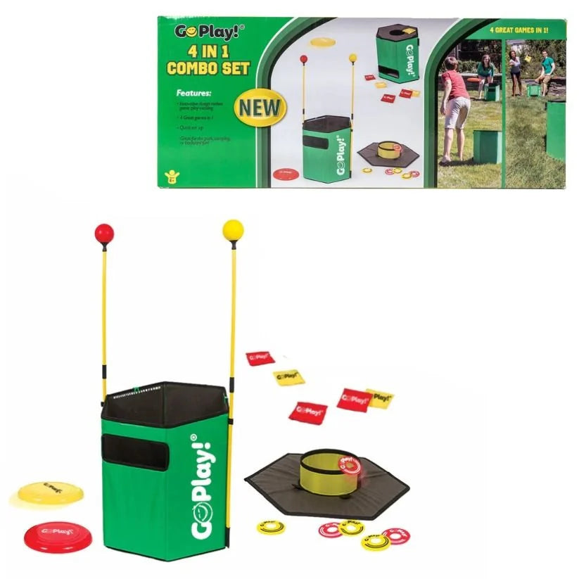 Boxed 4-in-1 backyard game set with cube launcher, poles, and ring target pieces