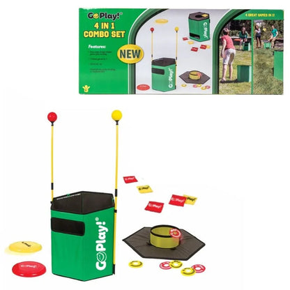 Boxed 4-in-1 backyard game set with cube launcher, poles, and ring target pieces