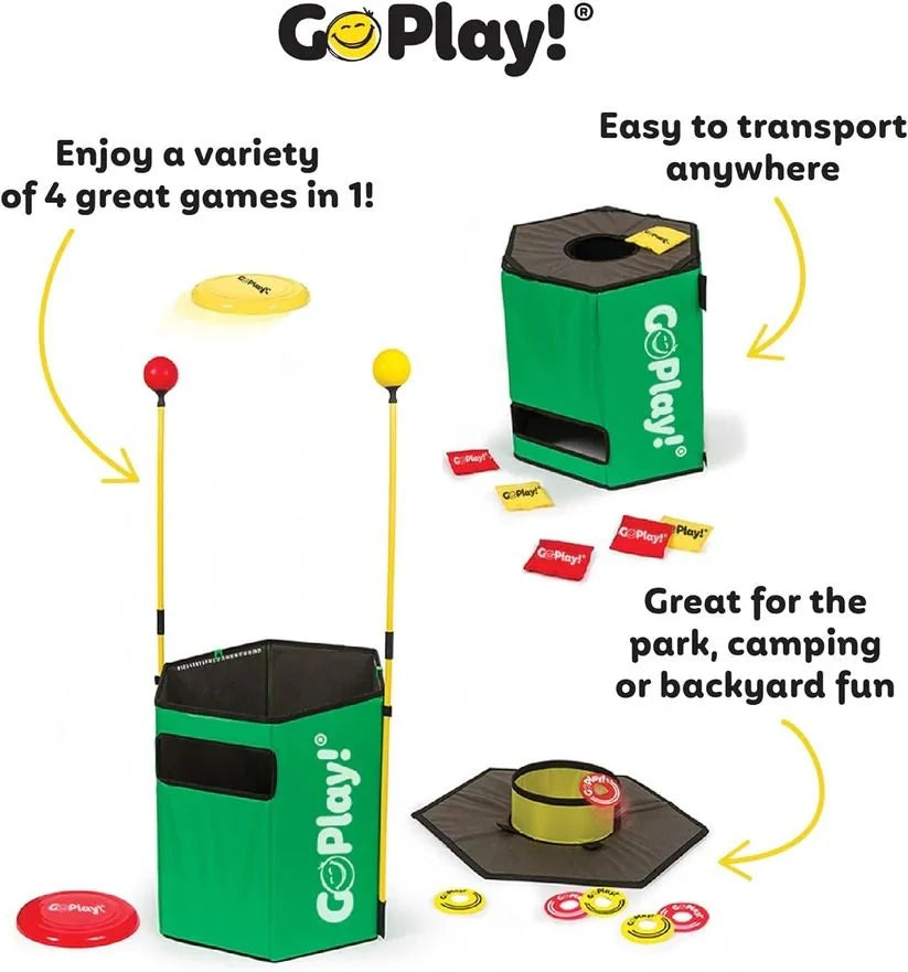 Green cube launcher with disc targets, yellow poles, and red score discs