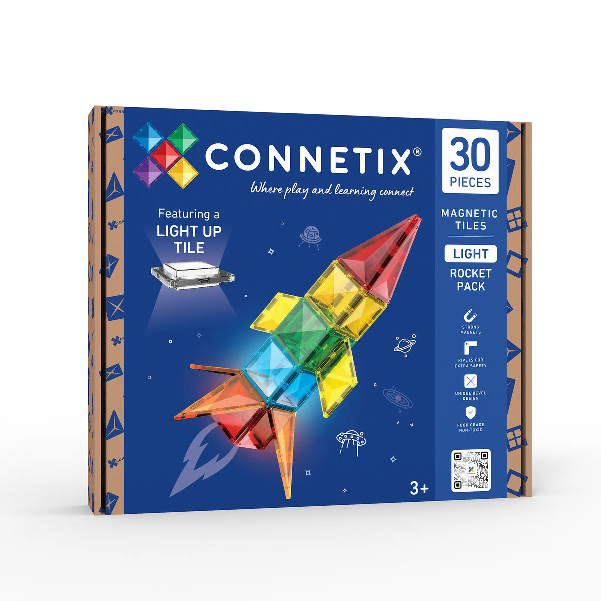Connetix light rocket pack box showing 30 magnetic tiles
