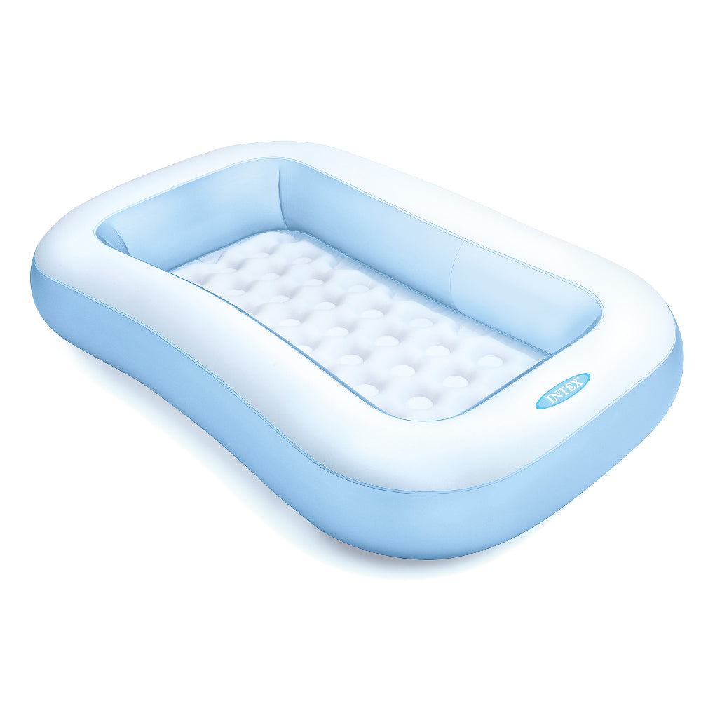 Rectangular inflatable kids pool, blue-and-white with raised bubble floor interior