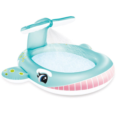 Turquoise inflatable whale spray pool with open basin, whale face, and pink rim
