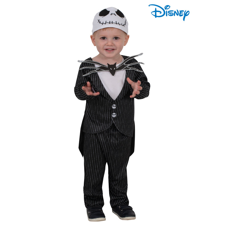 Toddler Jack Skellington costume with striped black jacket, bow tie, and pants set