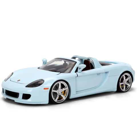Light blue open-top Porsche Carrera GT diecast with chrome wheels and black interior