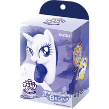 My Little Pony: Friendships Begin! Trading Card Game retail box by Kayou, featuring a purple and white design with an illustration of a white pony and sample card art on the front.