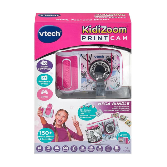 Pink kids' print camera bundle box with camera, stickers, and photo effects