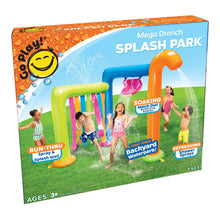 Inflatable Mega Drench Splash Park water play set box, orange blue green sprinkler frame