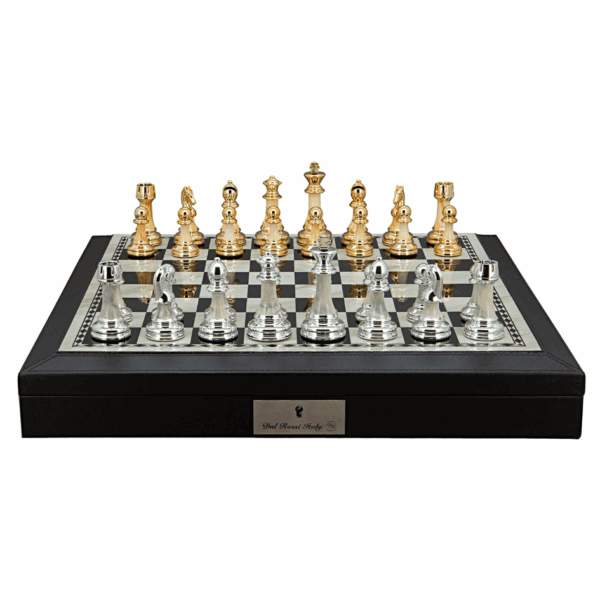 Dal Rossi Italy Chess Set with Black and White PU Leather Bevelled Edge chess box 18"