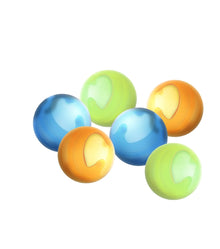 Six refillable water bomb balls: blue, green, orange, and yellow translucent spheres