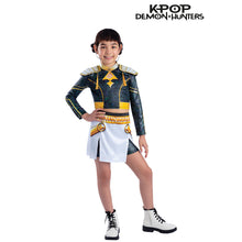Kids K-Pop Zoey deluxe costume with blue gold jacket and white skirt