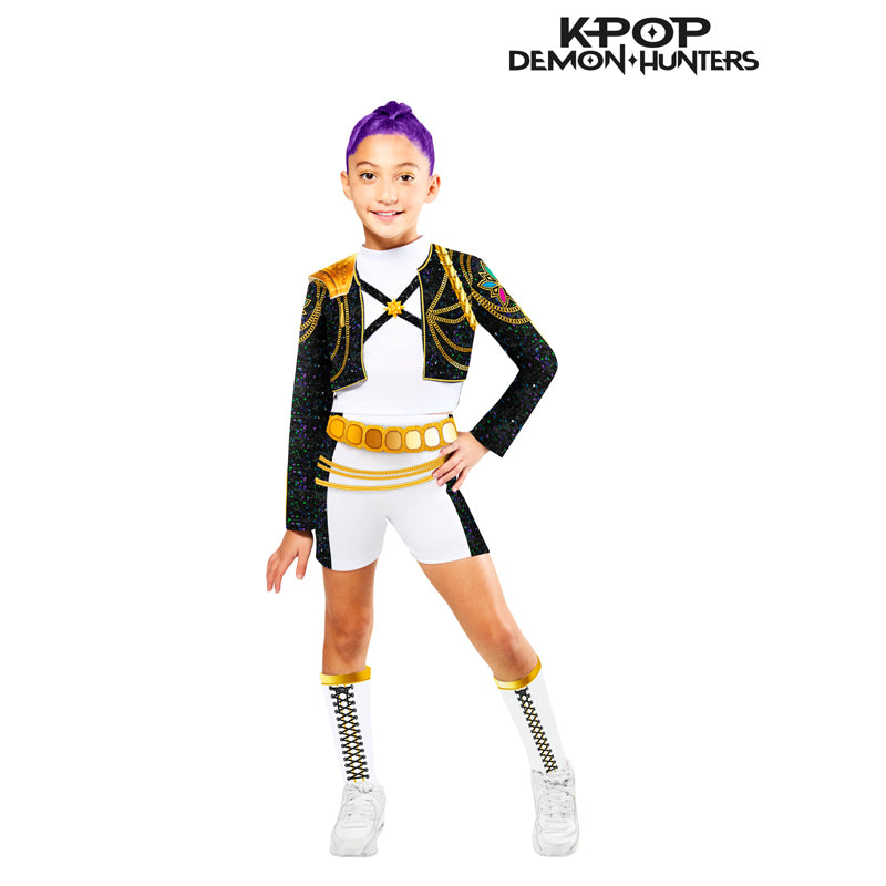 Rumi hybrid costume set with gold trim jacket, bow tie, white shorts, leg warmers