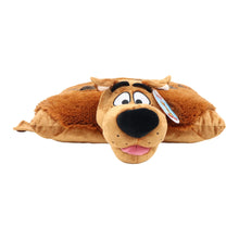 Scooby Doo plush pillow lying down, brown fur, open mouth, printed face and collar