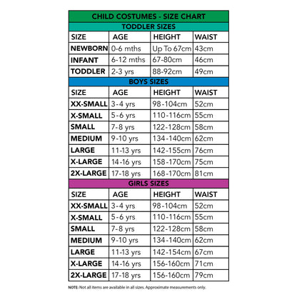Costume size chart showing toddler, boys, and girls ages, heights, and waist sizes (cm)
